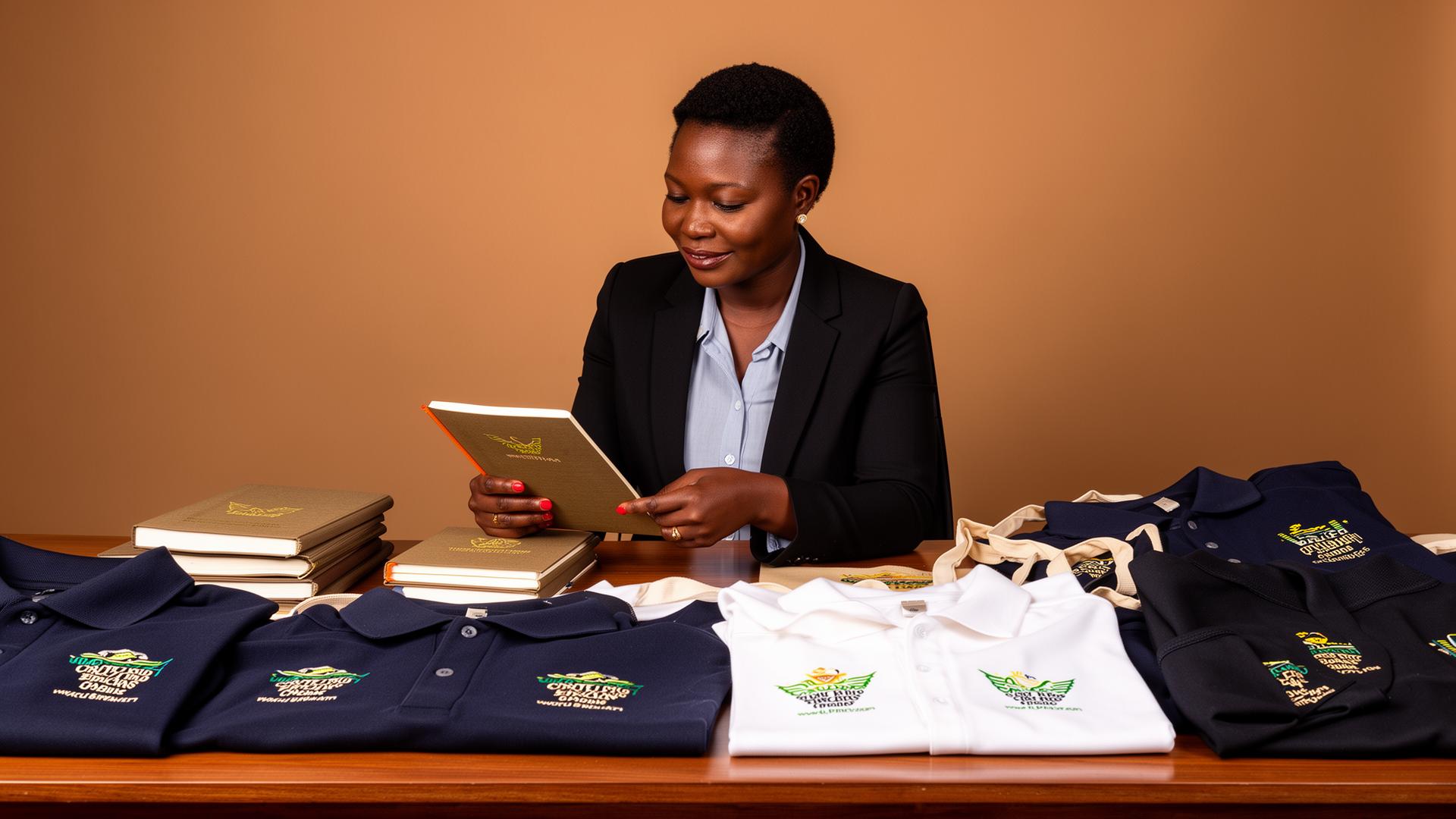 African business owner reviewing custom branded merchandise